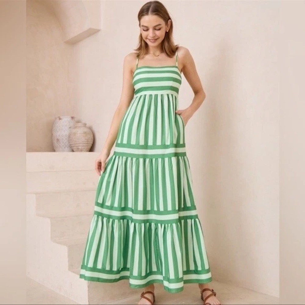 Wits The Label 
Green Striped Maxi Dress with Spaghetti Straps